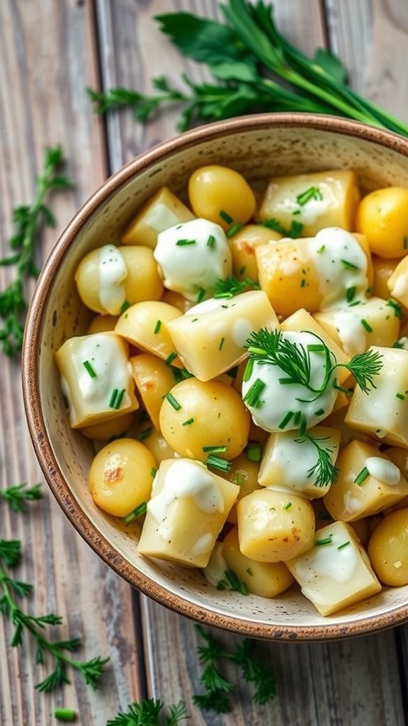 A bowl of creamy potato yogurt salad garnished with dill and green onions on a wooden table.